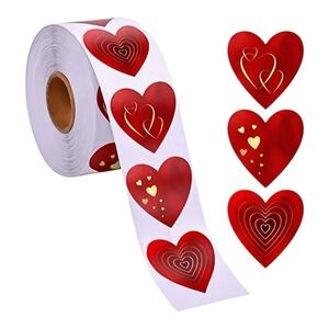Heart-Shaped Red and Gold Stickers Roll of 500 -3 Patterns